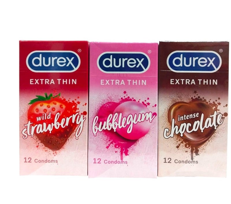 Pack of 3 boxes containing 12 ultra-thin chocolate and wild strawberry flavored condoms